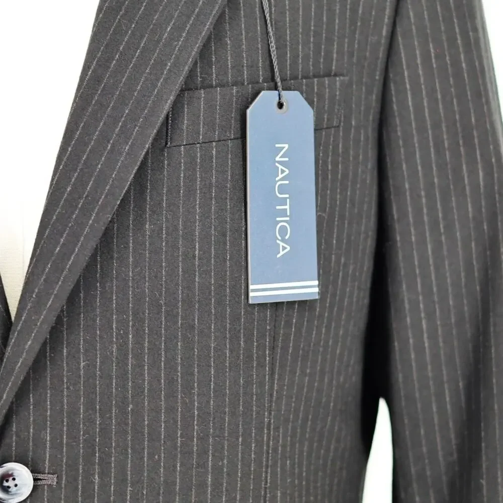 Nautica Men's Black Stripe Stretch Gaff Formal Modern-Fit Suit Blazer Size 42S